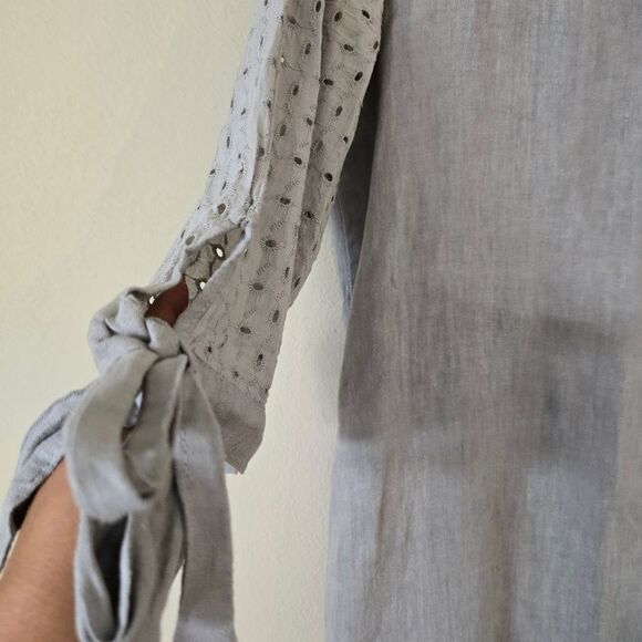 Francesca Bettini Women's Linen Mini Dress Eyelet Lace Size M Gray 3/4 Sleeve - Picture 7 of 8